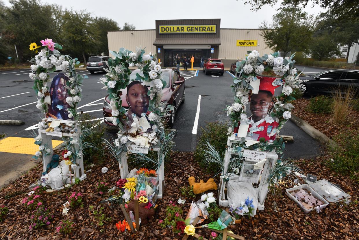 The Dollar General store on Kings Road in Jacksonville reopened on Jan. 12 after a mass shooting on Aug. 27, 2023, that killed three at the location. A memorial to the victims, killed in a racist hate crime, still stands in front of the store.