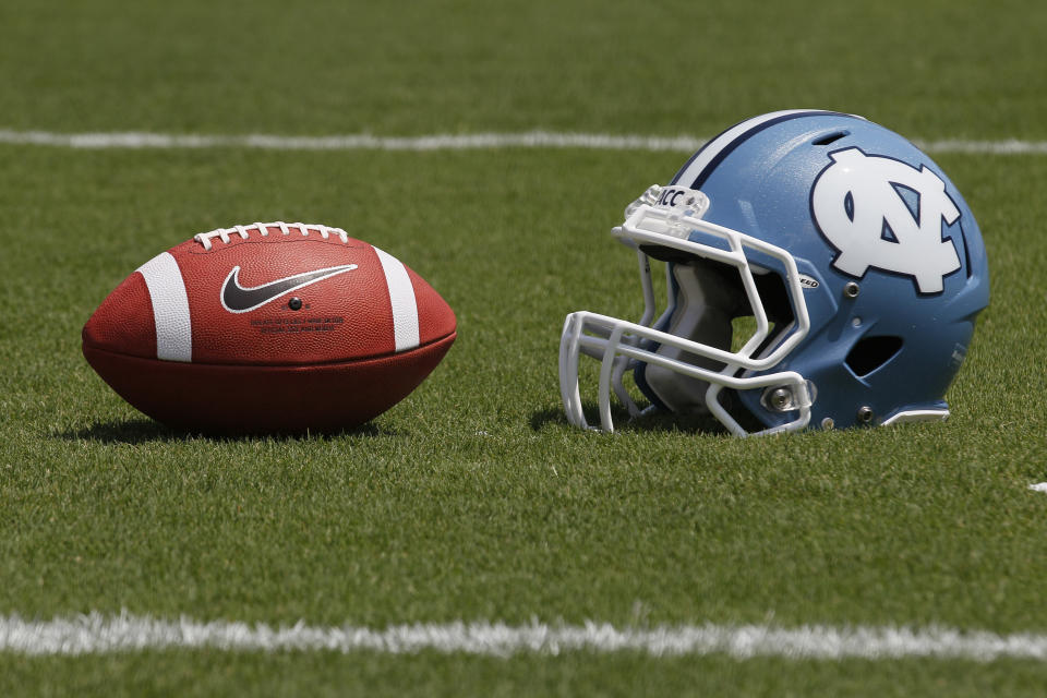 A North Carolina helmet is shown during the Tar Heel's NCAA college football media day. (AP file photo)