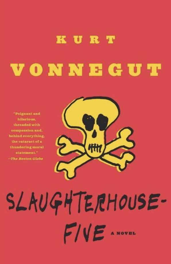 "Slaghterhouse-Five" book cover with an illustration of a skull and crossbones