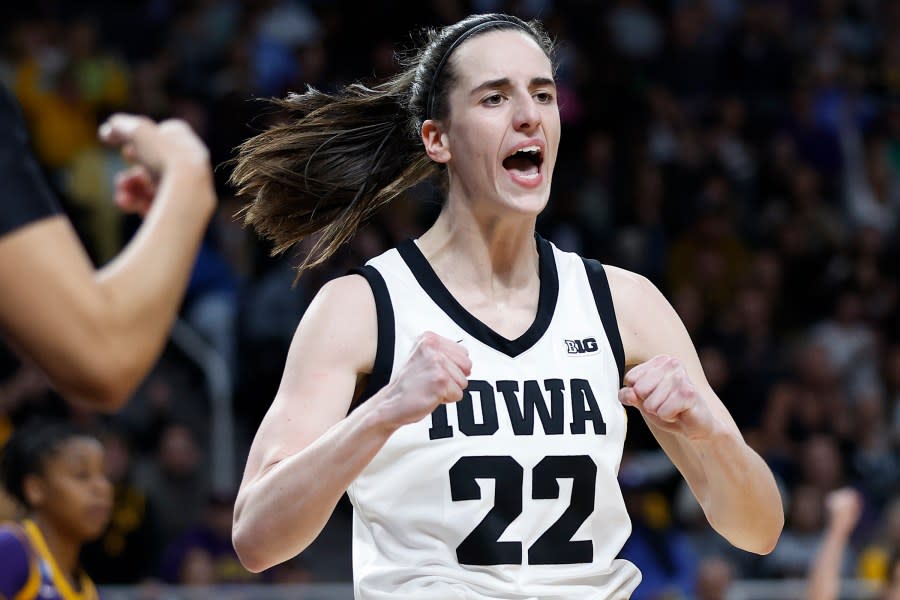 ALBANY, NEW YORK – APRIL 01: Caitlin Clark #22 of the Iowa Hawkeyes reacts during the first half against the LSU Tigers in the Elite 8 round of the NCAA Women’s Basketball Tournament at MVP Arena on April 01, 2024 in Albany, New York. (Photo by Sarah Stier/Getty Images)