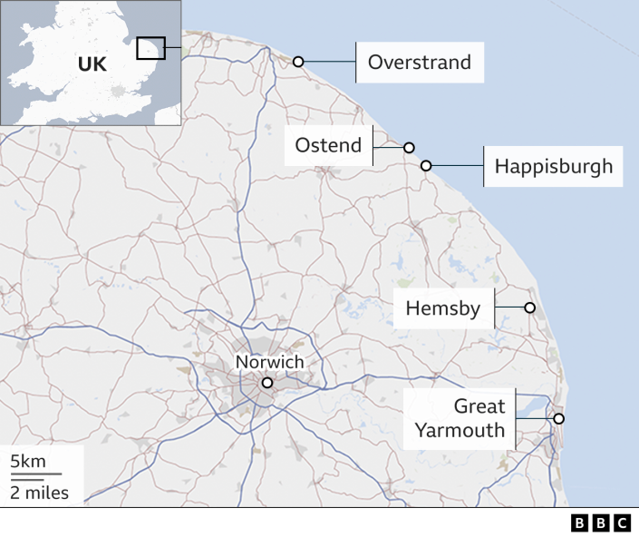 Mapa que muestra Happisburgh, Hemsby y Great Yarmouth