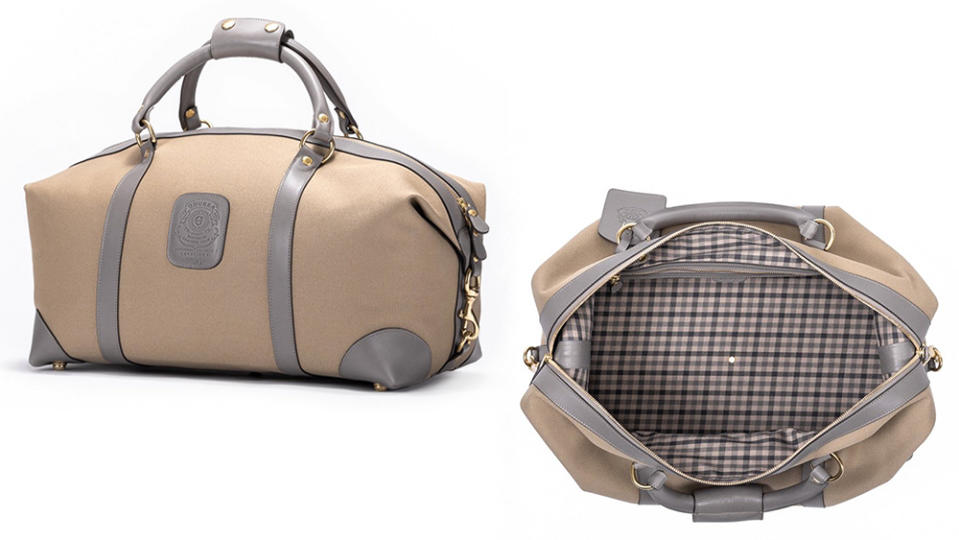 Ghurka's Cavalier I duffel bag in khaki cotton twill with fog leather trim.