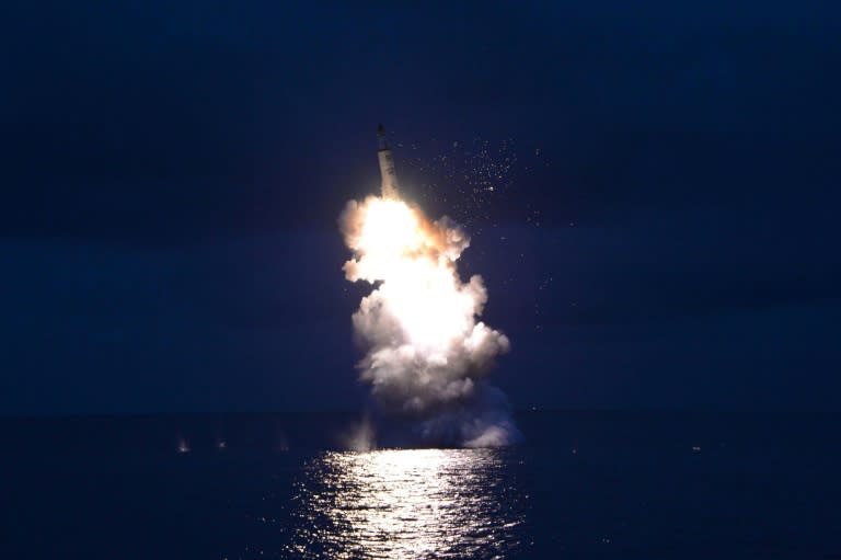 North Korea is shown test-firing a strategic submarine-launched ballistic missile at an undisclosed location on August 25, 2016