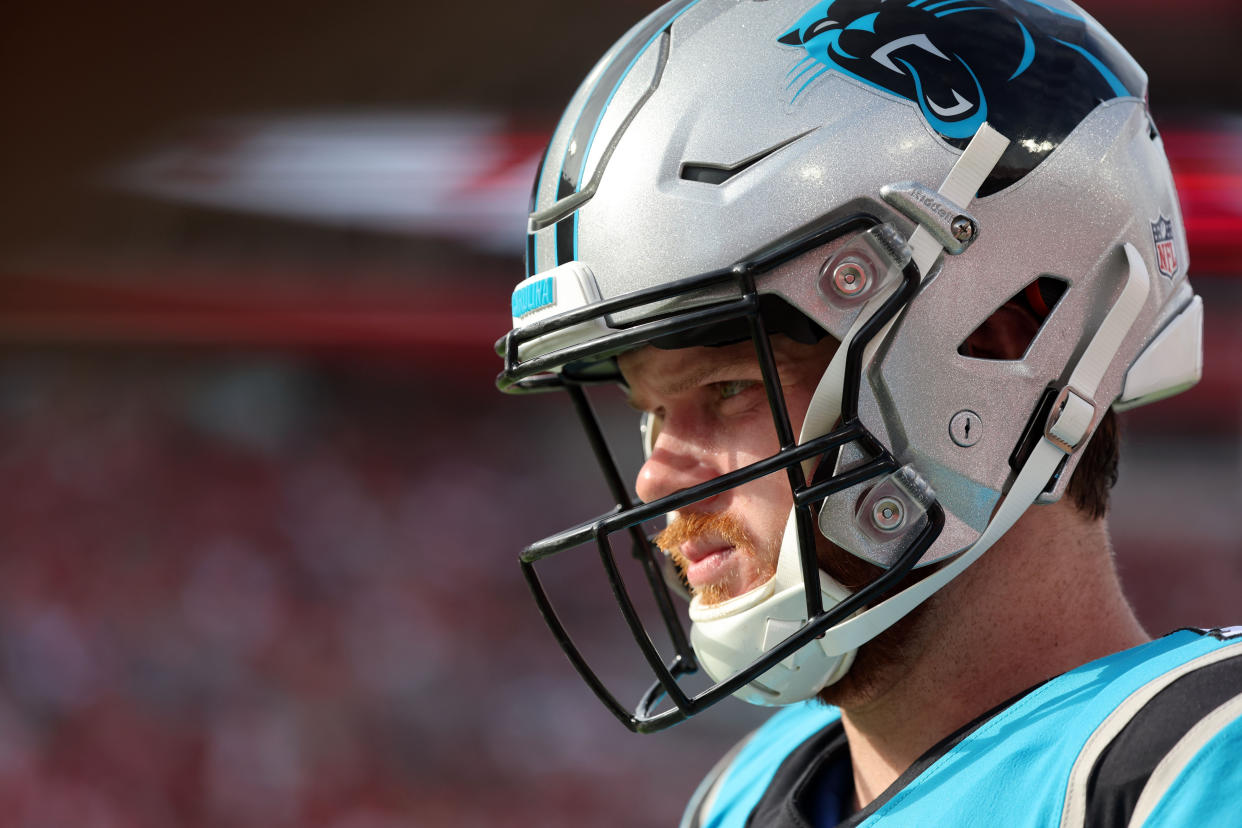 Jan 1, 2023; Tampa, Florida, USA; Carolina Panthers quarterback Sam Darnold (14) during the second half against the Tampa Bay Buccaneers at Raymond James Stadium. Mandatory Credit: Kim Klement-USA TODAY Sports