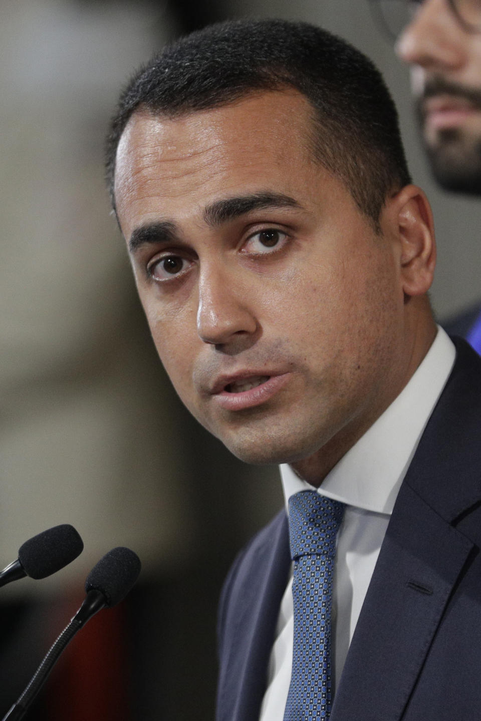 Leader of Five-Star Movement, Luigi Di Maio, talks to journalists after meeting with Italian President Sergio Mattarella at Rome's Quirinale presidential palace, Wednesday, Aug. 28, 2019. Mattarella continued receiving political leaders to explore if a solid majority with staying power exists in Parliament for a new government that could win the required confidence vote. (AP Photo/Andrew Medichini)