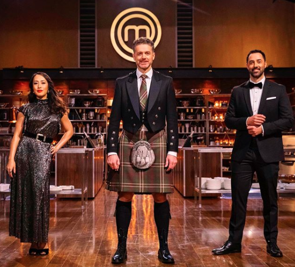 Jock Zonfrillo wears a kilt, Melissa Leong wears a sparkling evening gown and Andy Allen wears a tuxedo for MasterChef 2020 Back to Win final fans lose it over Jock's kilt