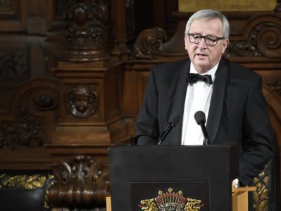 President of the European Commission Jean-Claude Juncker delivers a speech during the traditional St.Matthew's Day banquet (Matthiae-Mahlzeit) in the City Hall in Hamburg, Germany March 2, 2018. REUTERS/Fabian Bimmer