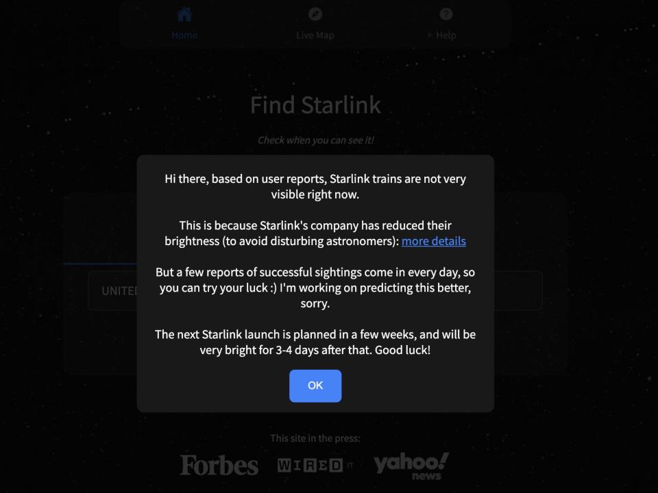 Screenshot of a pop-up on Find Starlink's website