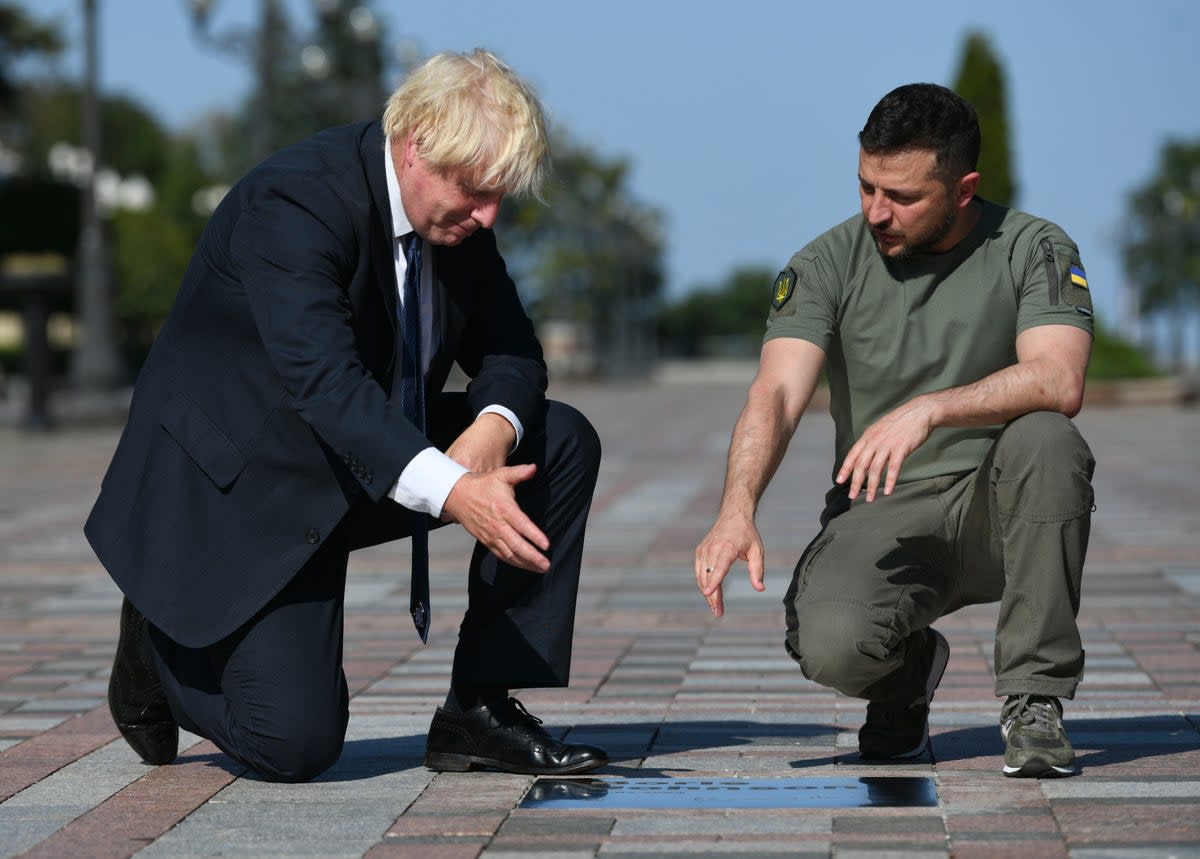 Ukrainian President Volodymyr Zelensky and Boris Johnson in Kyiv in August 2022 (AP)