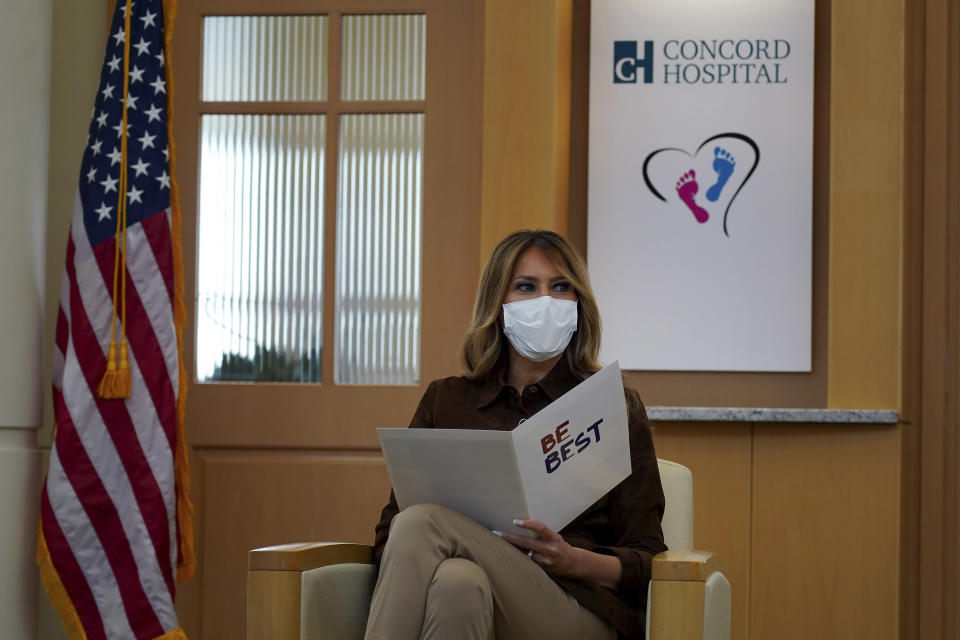 First lady Melania Trump reads from a prepared statement during a round table discussion at Concord Hospital, Thursday, Sept. 17, 2020, in Concord, N.H. (AP Photo/Mary Schwalm)