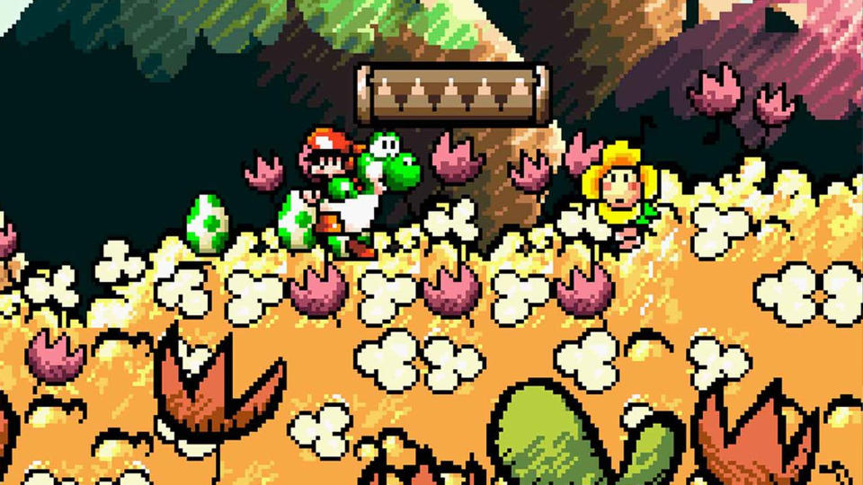 Mario riding Yoshi in Super Mario 2: Yoshi's Island