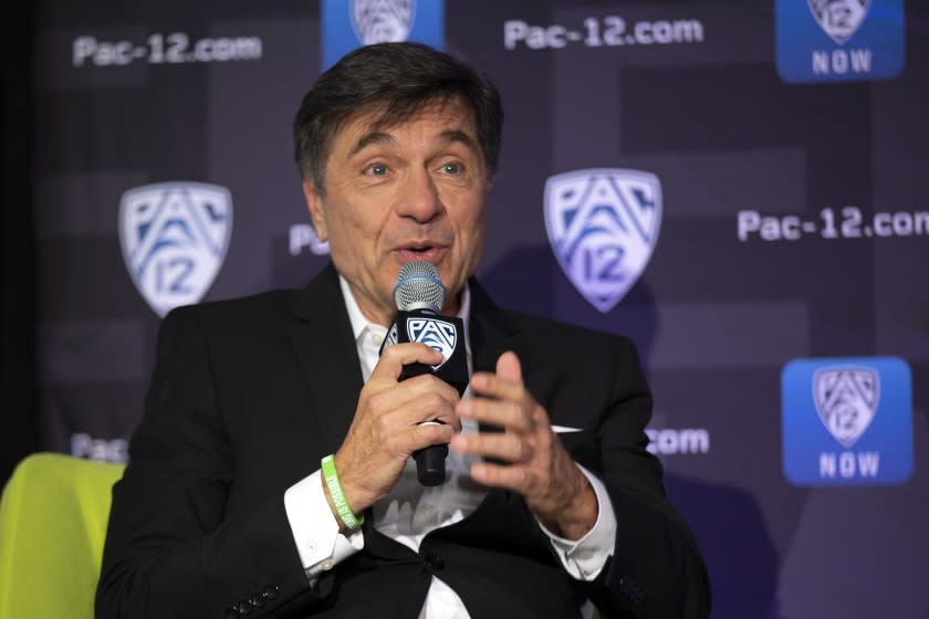 Southern California head coach Mark Trakh speaks to reporters during the Pac-12 Conference women's NCAA college basketball media day Monday, Oct. 7, 2019, in San Francisco. (AP Photo/D. Ross Cameron)