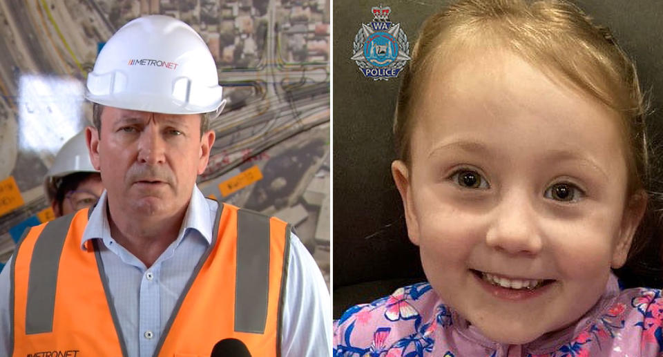 Pictured on the left is Premier Mark McGowan and four-year-old Cleo Smith on the right.