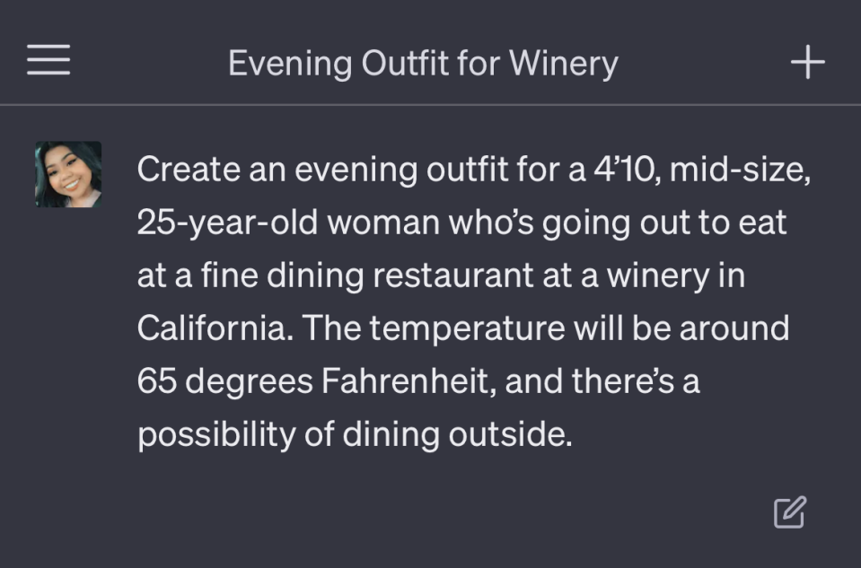 The prompt asks ChatGPT to create an outfit for a "fine dining restaurant at a winery in California. The temperature will be around 65 degrees Fahrenheit, and there's a possibility of dining outside"