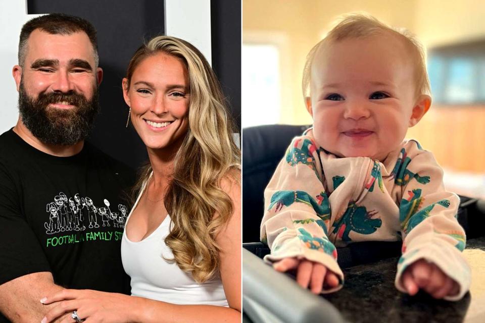 <p>Lisa Lake/Getty Images; Kylie Kelce Instagram</p> Jason and Kylie Kelce (L) with daughter Bennett (R)