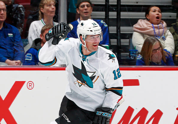 VANCOUVER, BC - FEBRUARY 2: Patrick Marleau #12 of the San Jose Sharks celebrates his 500th NHL goal during his NHL game against the Vancouver Canucks at Rogers Arena February 2, 2017 in Vancouver, British Columbia, Canada. (Photo by Jeff Vinnick/NHLI via Getty Images)