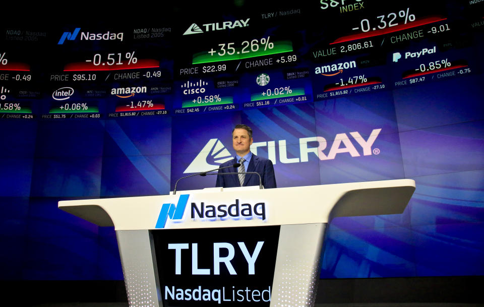 Brendan Kennedy, CEO and founder of British Columbia-based Tilray Inc., poses before closing Nasdaq, where his company’s IPO (TLRY) opened, Thursday, July 19, 2018, in New York. (AP Photo/Bebeto Matthews)