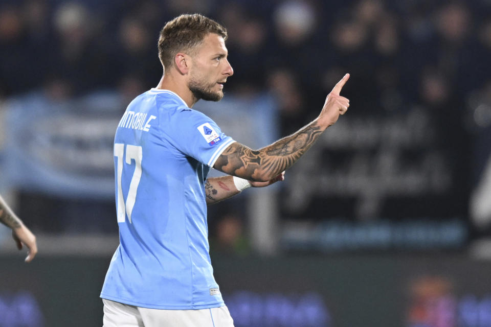 Lazio's Ciro Immobile celebrates after scoring to 0-1 during the Serie A soccer match between Spezia Calcio and SS Lazio at the Alberto Picco stadium in La Spezia, Italy, Friday April 14, 2023. (Tano Pecoraro/LaPresse via AP)