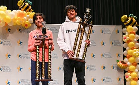 Sixth-grade student Shrey Parikh, left, and eighth-grade student Srikanth Satheesh Kumar proudly crowned as the 2024 San Bernardino County Spelling Bee Champions.