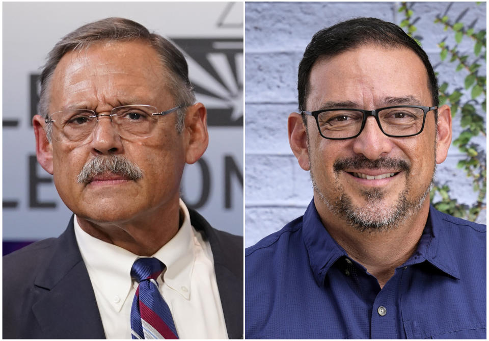 This combination of photos shows Arizona Republican Secretary of State candidate Mark Finchem on Sept. 22, 2022, in Phoenix, left, and Adrian Fontes, Democratic Secretary of State candidate on July 29, 2022, in Phoenix. (AP Photo)