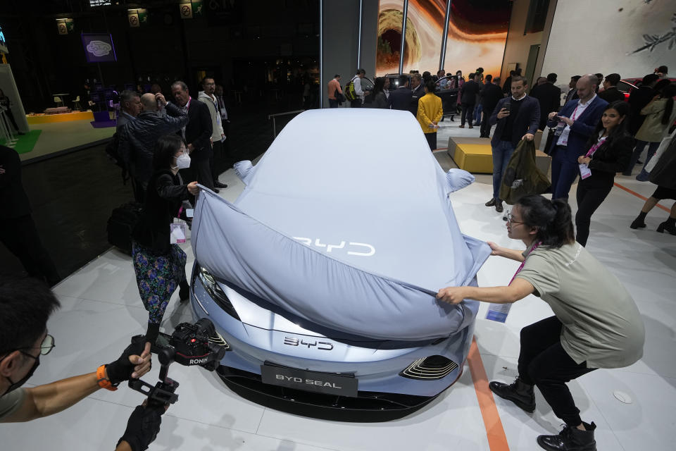 Chinese EV manufacturer BYD unveils its electric car Seal at the Paris Car Show on Oct. 17, 2022, in Paris. 