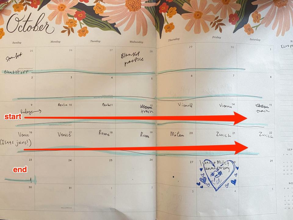 The author's calendar shows her time spent in Europe.