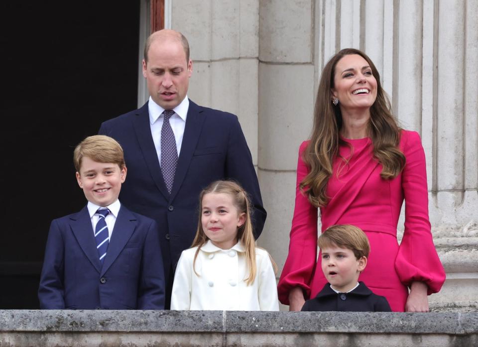 Prince George, the Duke of Cambridge, Princess Charlotte, Prince Louis and the Duchess of Cambridge stand on the balcony during the Platinum Jubilee Pageant at Buckingham Palace (Chris Jackson/PA) (PA Wire)