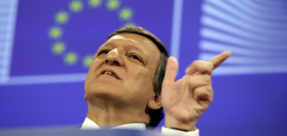 European Commission President Jose Manuel Barroso gestures while speaking during a media conference at EU headquarters in Brussels on Tuesday, May 8, 2012. The European Commission has called on EU nations to stick to their promised budget cuts despite voter discontent in France and Greece, but promised new efforts to boost growth to alleviate economic hardship. (AP Photo/Virginia Mayo)