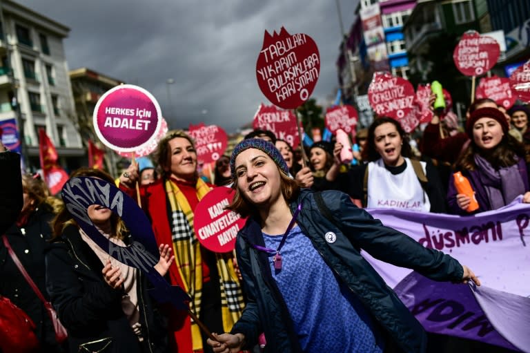 Demonstrators shout slogans during a Women's Day rally in Istanbul