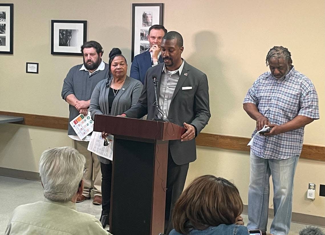 Local officials speak during a briefing at the Atwater Neighborhood Resource Center on May 5, 2023. From left to right, Wichita Vice Mayor Mike Hoheisel, state Sen. Oletha Faust-Goudeau, Sedgwick County Commissioner Ryan Baty, Wichita City Council member Brandon Johnson and state Rep. Ford Carr. Matthew Kelly