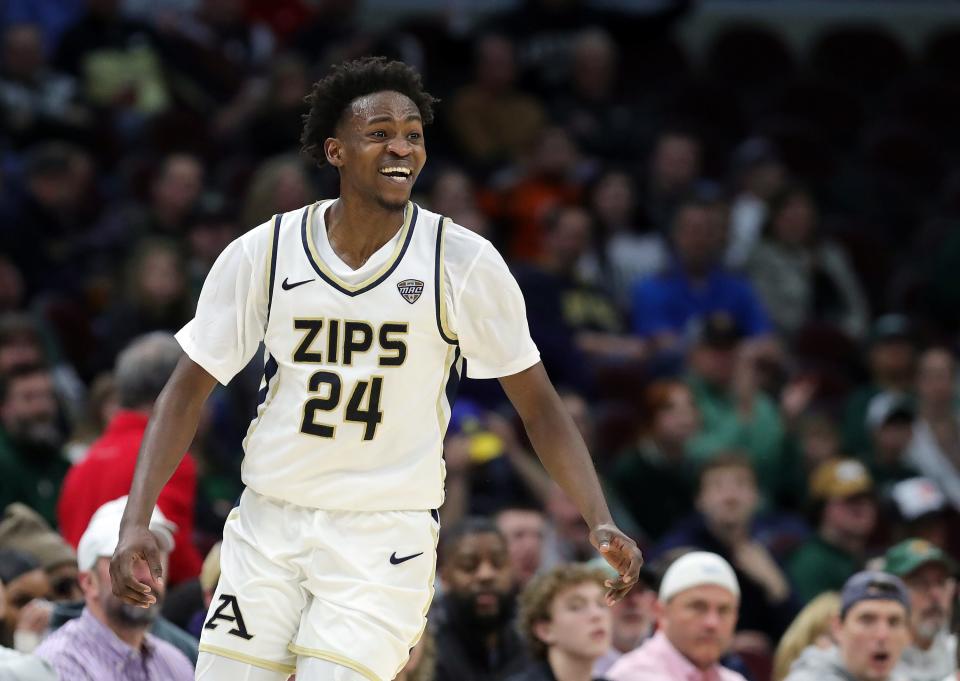 Akron Zips guard Ali Ali (24) celebrates during the second half of an NCAA college basketball game in the semifinals of the Mid-American Conference Tournament at Rocket Mortgage FieldHouse, Friday, March 15, 2024, in Cleveland, Ohio.