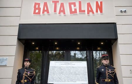 A commemorative plaque unveiled by French President Francois Hollande and Paris Mayor Anne Hidalgo is seen in front of the Bataclan concert hall, in Paris, France, November 13, 2016, during a ceremony held for the victims of last year's Paris attacks which targeted the Bataclan concert hall as well as a series of bars and killed 130 people. REUTERS/Christophe Petit Tesson/Pool