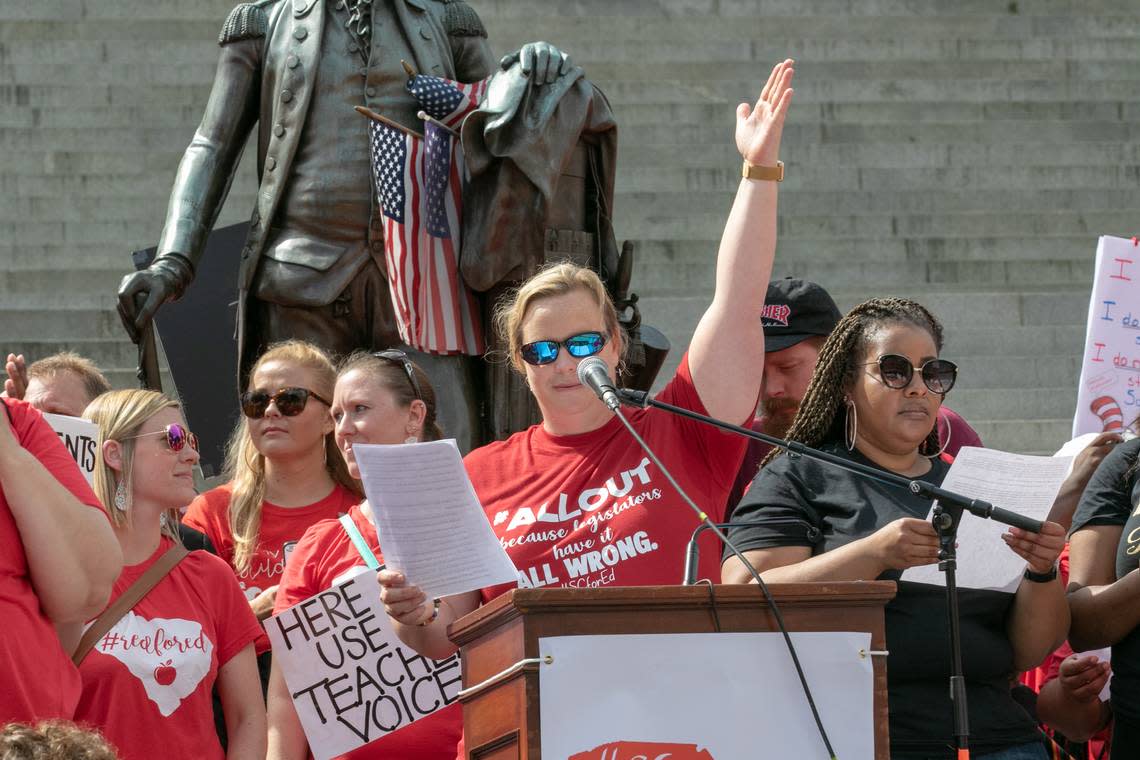 Lisa Ellis, founder of SCforEd and teacher talks to the crowd of 10,000 teachers, students and supporters who gathered for a rally at the South Carolina State House. 5/1/19