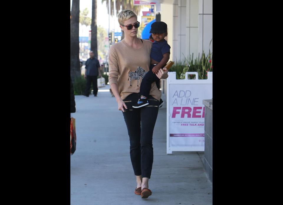 Charlize Theron and Jackson stroll to Pinkberry for a treat. 