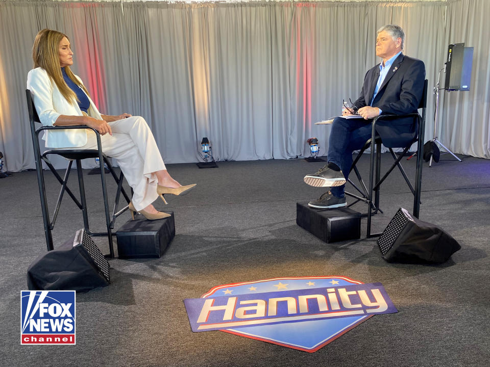 In this image provided by Fox News Channel, Caitlyn Jenner is interviewed by Fox News host Sean Hannity, Wednesday, May 5, 2021, in Malibu, Calif. The 71-year-old Jenner — who won the men's Olympic decathlon in 1976 and decades later became a reality TV star and transgender woman — announced her candidacy for California governor about two weeks ago in a written statement on Twitter. (Fox News Channel via AP)