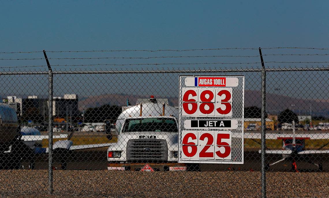 The prices of aviation fuels on July 19, 2022 is posted on the fence at the Tri-Cities Airport in Pasco.
