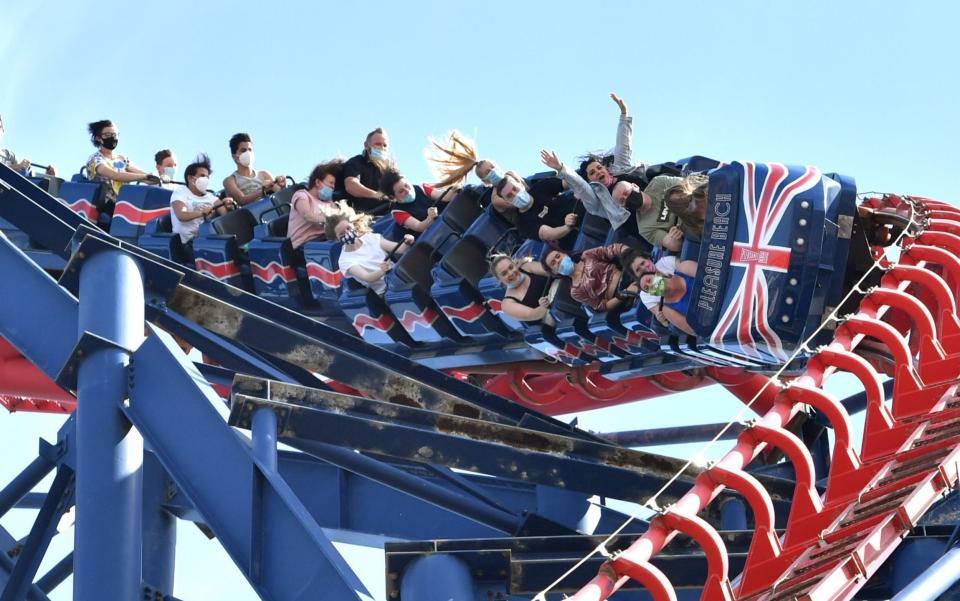Masked riders on the Big One at Blackpool Pleasure Beach - Anthony Devlin/Getty