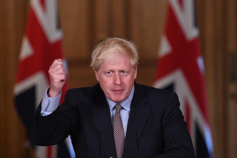 Britain's Prime Minister Boris Johnson speaks during a virtual press conference at Downing Street in central London on September 9, 2020 following an announcement of further restrictions on social gatherings in England due to an uptick in cases of the novel coronavirus. - The UK government on on September 9 sets out tighter rules on social gatherings to curb the spread of the coronavirus, with concern mounting at rising infection rates among the young. The law in England will change from next week to reduce the number of people who can gather socially from 30 to six, with some exemptions. (Photo by Stefan Rousseau / POOL / AFP) (Photo by STEFAN ROUSSEAU/POOL/AFP via Getty Images)