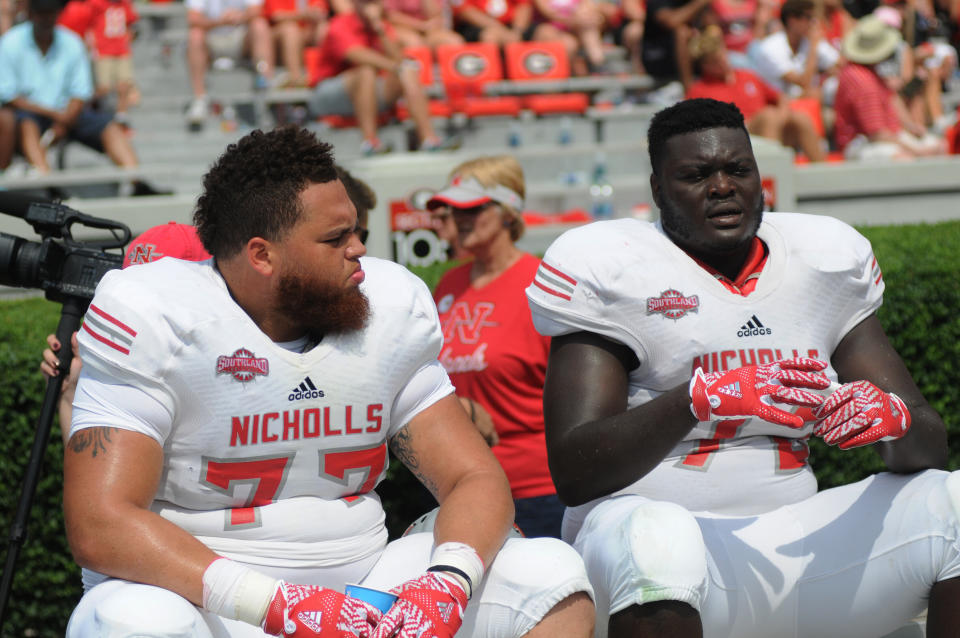September 10, 2016: Stars of the Netflix show Last Chance U Marcel Andry (77) Nicholls State Colonels defensive linemen and Ronald Ollie (72) Nicholls State Colonels defensive linemen during the game between the Nicholls State Colonels and the Georgia Bulldogs. The Georgia Bulldogs (26) defeated the Nicholls State Colonels (24) at Sanford Stadium in Athens, Ga. (Photo by Jeffrey Vest/Icon Sportswire via Getty Images)