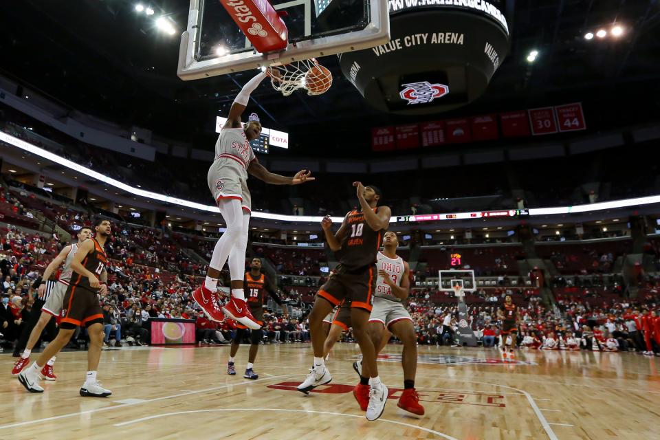 Ohio State Buckeyes guard Gene Brown (3) dunks the ball during the first half of the NCAA basketball game against the Bowling Green Falcons at the Schottenstein Center in Columbus, Ohio Nov. 15.