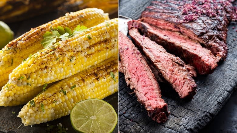 corn with sliced bavette steak