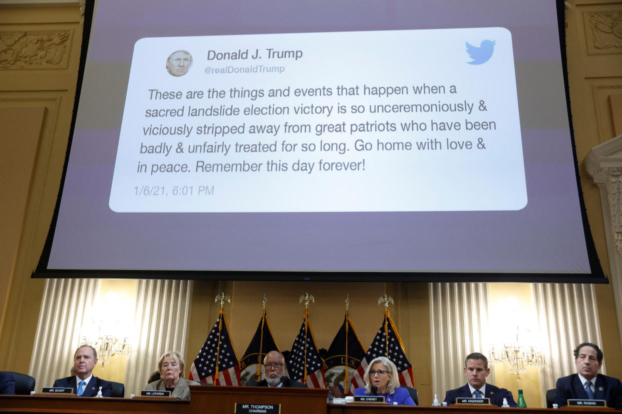 A twitter of Former U.S President Donald Trump is seen during the opening public hearing of the U.S. House Select Committee to Investigate the January 6 Attack on the United States Capitol, on Capitol Hill in Washington, U.S., June 9, 2022. REUTERS/Jonathan Ernst
