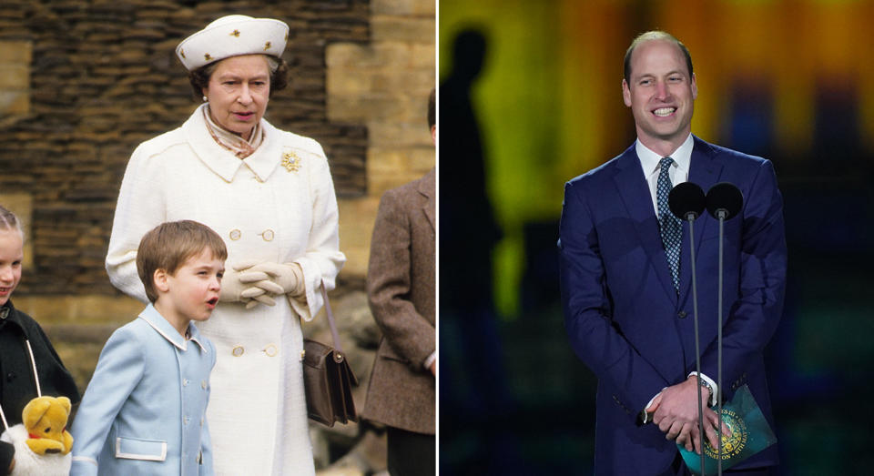 L: Prince William with the late Queen in 1988. R: William at the King's coronation concert in May 2023. (Getty Images)