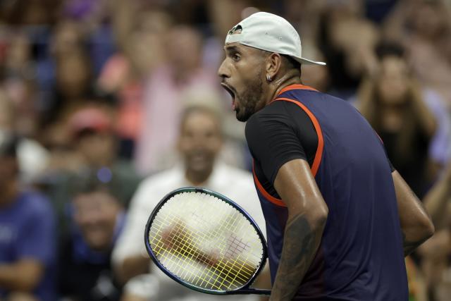Nick Kyrgios, of Australia, celebrates winning a game against Daniil Medvedev, of Russia, during the fourth round of the U.S. Open tennis championships, Sunday, Sept. 4, 2022, in New York. (AP Photo/Adam Hunger)