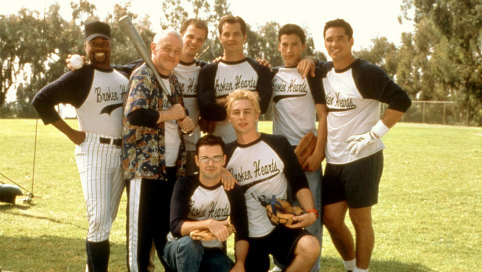 Top l-r Billy Porter, John Mahoney, Ben Weber, Timothy Olyphant, Andrew Keegan, Dean Cain, bottom l-r Matt McGrath, Zach Braff, in THE BROKEN HEARTS CLUB A ROMANTIC COMEDY, 2000.