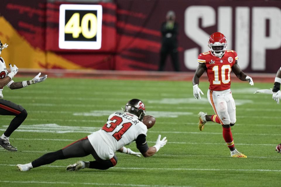 Tampa Bay Buccaneers safety Antoine Winfield Jr. intercepts a pass during the second half of Super Bowl LV.