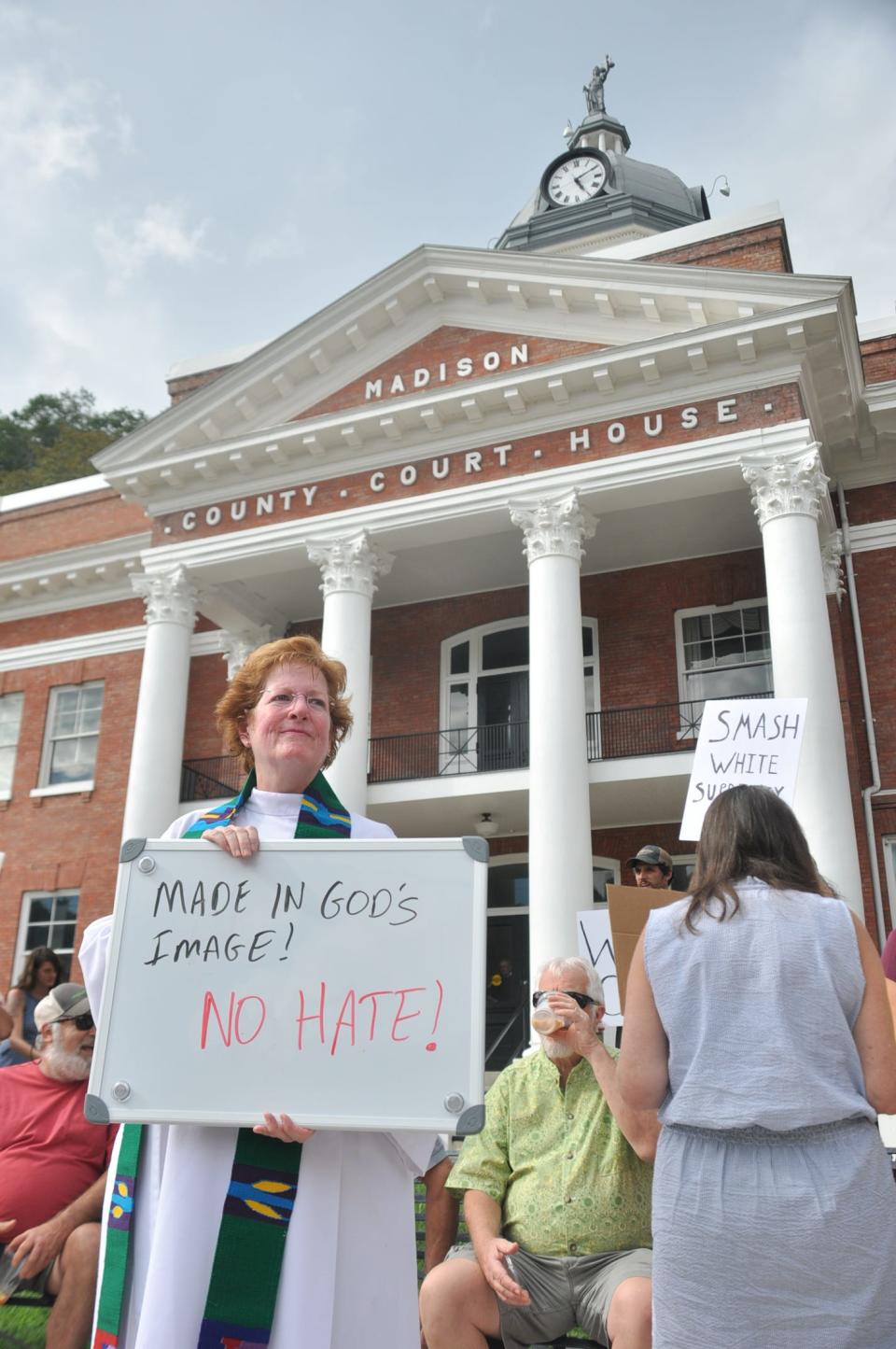 Following the death of an anti-racism activist in Charlottesville, Va., ROAR organized a rally honoring the victims of racial violence outside the Madison County Courthouse in August 2017. Rev. Melissa Upchurch of Marshall Presbyterian Church joined the peaceful demonstration.