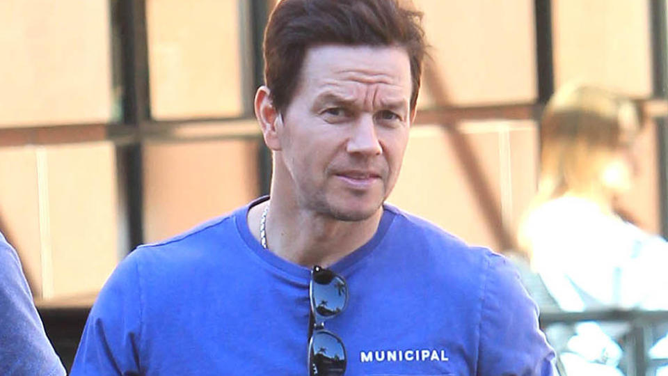 Mark Wahlberg is seen wearing a blue t-shirt on March 3, 2020 in Los Angeles, California.
