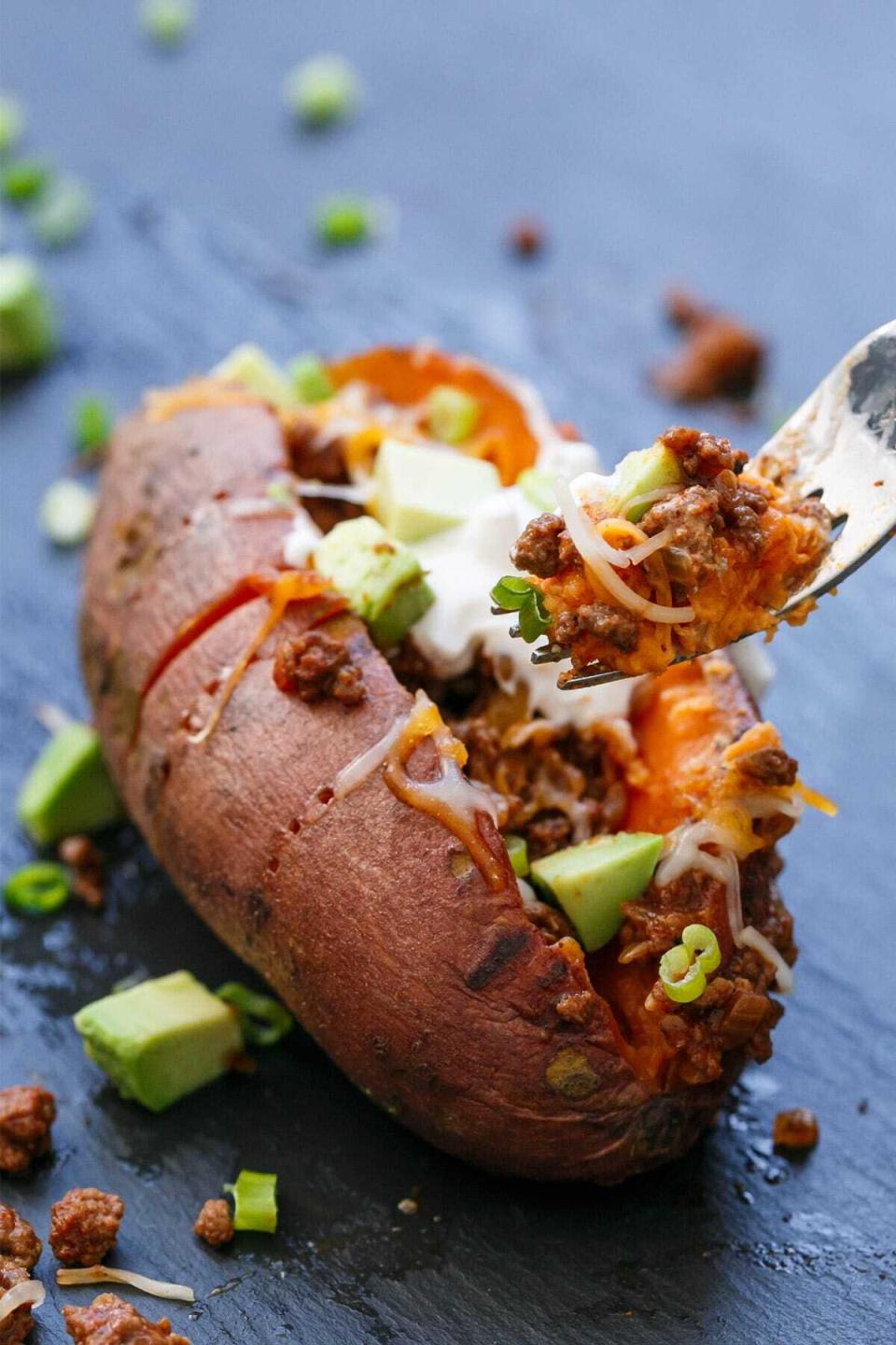 <a href="https://www.loveandoliveoil.com/2016/12/taco-stuffed-sweet-potatoes.html" target="_blank" rel="noopener noreferrer"><strong>Taco-Stuffed Sweet Potato from Love and Olive Oil</strong></a>