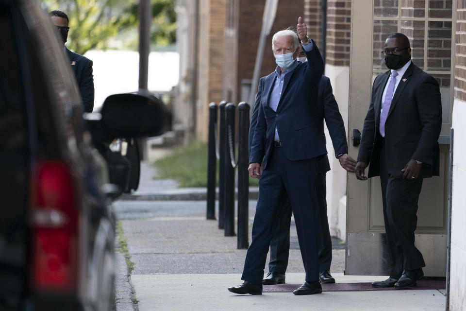 Democratic presidential candidate former Vice President Joe Biden leaves the AFL-CIO headquarters in Harrisburg, Pa., Monday, Sept. 7, 2020. (AP Photo/Carolyn Kaster)